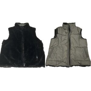 KC Collections Women Jacket Vest Black Reversable Sleeveless Faux Fur Sz Large